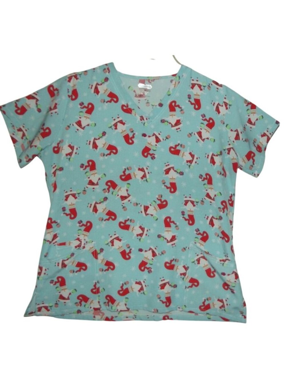 Scrubaid Scrub Top Womens XL Tapered Fit 4-way Stretch Blue Santa v-neck poly